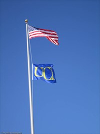 Image of the American flag flying on the campus of California Irvine.